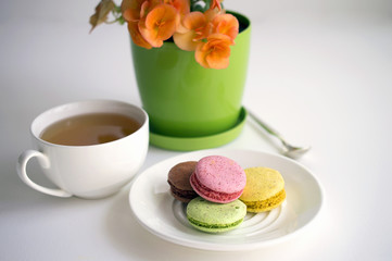 biscuit macaroons and cup of tea