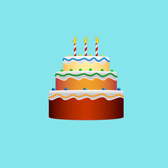 colorful birthday cake in the style of a flat design, logo, icon. With candle