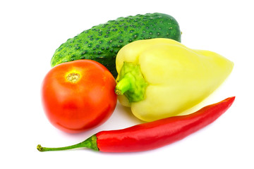 Group of vegetables, tomato, peppers, cucumber isolated on white background.