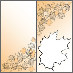 Maple autumn leaves engraved on the colored blobs of paint . Background for labels,brochures, advertisements,photos, banners and websites.Vector illustration.