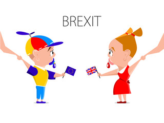 Brexit. Boy and girl holding flags. Flat illustration. Vector