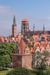 Obraz premium Historical center of Gdansk, town hall and St. Mary's Church