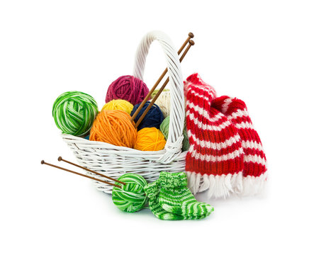 Balls of woolen threads for knitting in wicker basket
