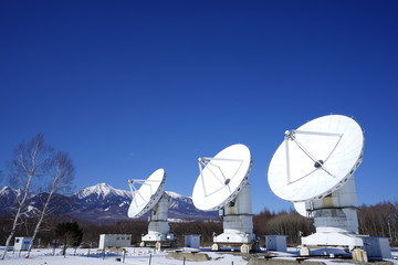 Radio telescope against blue sky in Nobeyama, Nagano, Japan