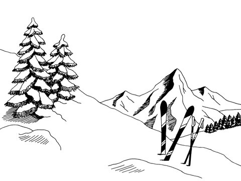 Mountain skiing graphic art black white sketch landscape illustration vector
