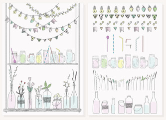 Set of bottles, jars, garlands, lamps and flags. Scandinavian st