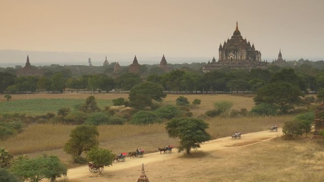 The Horse car in the plain of Bagan at sunset, Bagan, Myanmar 