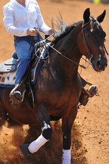 The front view of the rider in leather chaps sliding his horse forward and raising up the clouds of dust