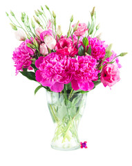 Naklejka na ściany i meble Bright pink peony and eustoma flowers bouquet in glass vase isolated on white background