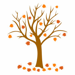 Autumn  Tree With Falling Leaves on White Background