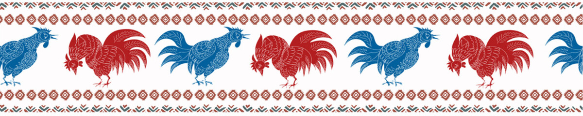 Hand drawn vector rustic fresco. Blue and red Roosters with tribal elements.