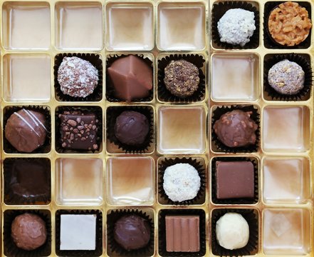 A box of Belgian chocolates partially empty