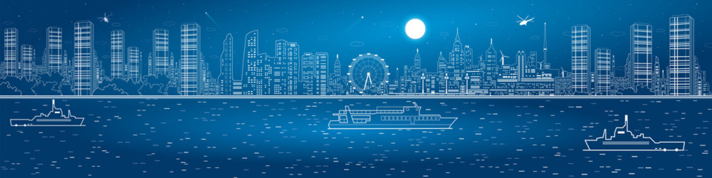 Night city amazing panorama. Urban skyline. River and night megalopolis, ships on the water. Infrastructure and transportation illustration, vector design art