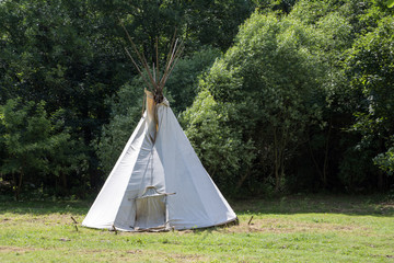 White Indian teepee in meadow