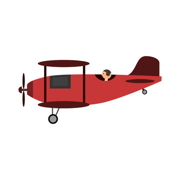 Red retro airplane with pilot. Isolated vector illustration.
