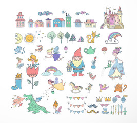 Collection of fairy tales hand drawn doodles, illustrations
