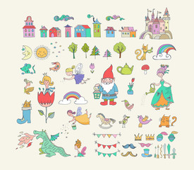 Fototapeta premium Collection of fairy tales hand drawn doodles, illustrations