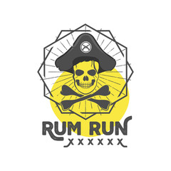 Pirate skull insignia or poster. Retro rum label design with sun bursts, geometric shield and vector text - rum run. Vintage style for tee design, t-shirt, web projects, logotype, pub etc.