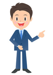 横を指差して説明するビジネスマン、男性会社員のイラスト素材、三頭身