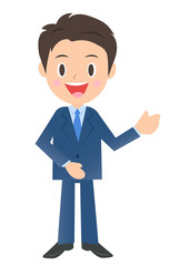 説明するビジネスマン、男性会社員のイラスト素材、三頭身
