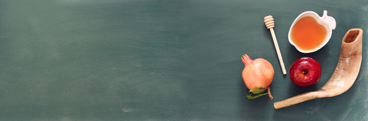 Rosh hashanah (jewish New Year) concept. Traditional symbols