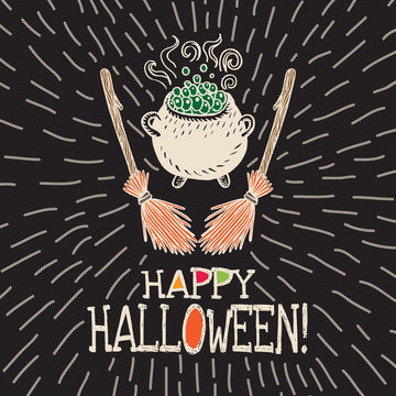 Halloween card with hand drawn witch's cauldron and broom
