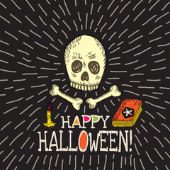 Halloween card with hand drawn skull, spell book and candle