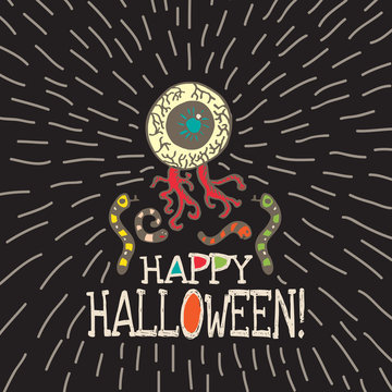 Halloween card with hand drawn zombie eye and worms