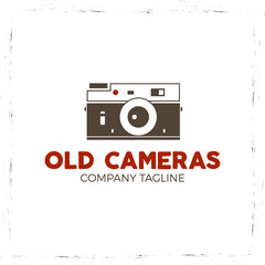 Retro poster or logo template with old camera icon. Isolated on grunge halftone background. Photography vintage design for t shirt, tee design, web project. Inspiration type. Vector