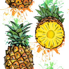 Seamless pattern with image of a Pineapple fruit in color. Vector illustration.