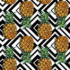 Seamless pattern with image of a Pineapple fruit in color and with geometric ornament. Vector illustration.