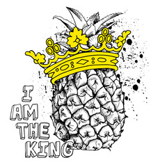 Image of fruit pineapple and yellow crown. Vector illustration.
