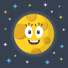 Naklejka premium Vector moon. Cute funny smiling cartoon moon character and night sky with stars. Creative vector illustration
