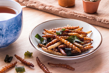 Fried insects - Bamboo worm insect crispy with pandan after frie