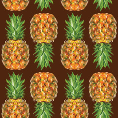 Seamless pattern with image of a Pineapple in low poly art style on brown background. Vector illustration.