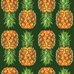 Seamless pattern with image of a Pineapple in low poly art style on brown background. Vector illustration.