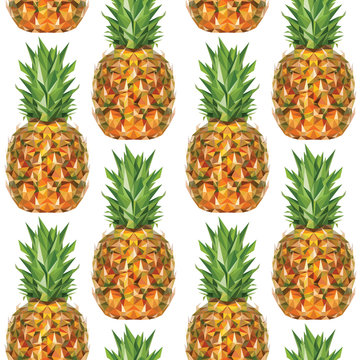 Seamless pattern with image of a Pineapple in low poly art style on white background. Vector illustration.