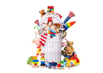 White wicker basket full of toys and gifts