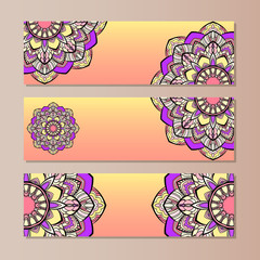 set vector horizontal banners with colorful mandala. Islam, Arabic, Indian, ottoman motifs. Oriental colorf mandalas.
