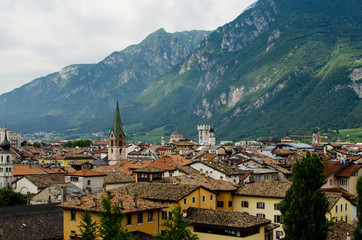 Panoramic veiw on Trento with green montains as a background - obrazy, fototapety, plakaty