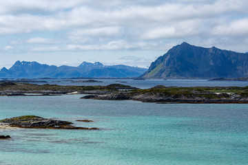 Cloudy day on the sea with mountains, Norway, Lofoten