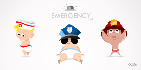 emergency babies set: nurse, policeman, firefighter. Flat illustration. Alarm Icon