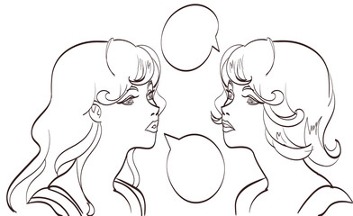 nice drawn two talking women lineart. Vector pop art syle. Isolated eps 10
