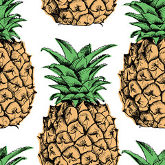 Seamless pattern with the image of pineapple fruit. Vector illustration.