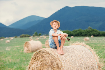 Naklejka na ściany i meble Boy sits on the haystack top