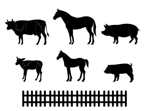 Vector farm animals silhouettes isolated on white. Livestock and poultry icons. Rural landscape with trees, plants,    