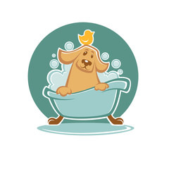 wash your pet, funny cartoon dog taking a bath in bathtube