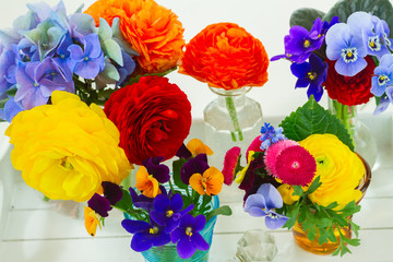 Set of colorful freshly cut flowers in glass vases on white wooden table close up