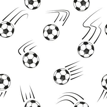 Seamless pattern with doodle soccer balls. Black and white vector football background.