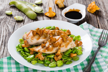 grilled chicken breast,  lima beans and chanterelles